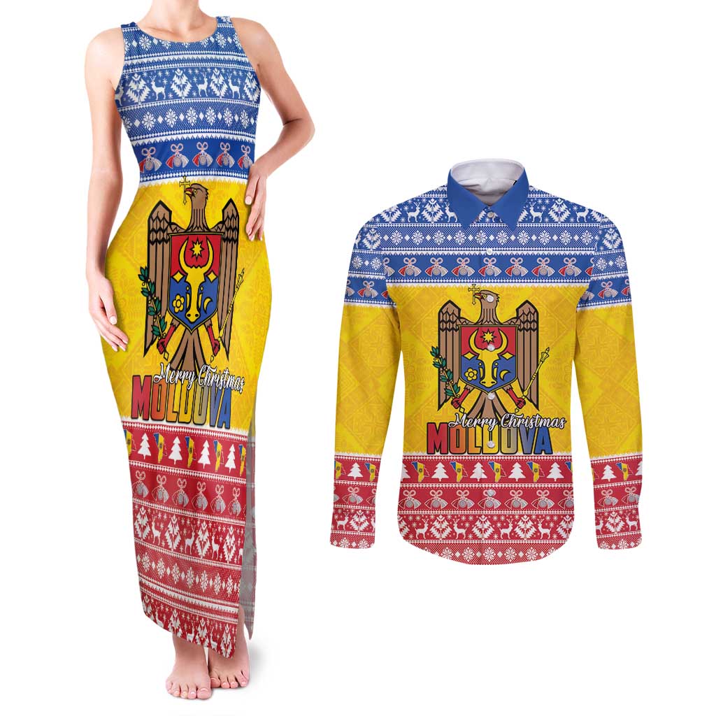 Moldova Christmas Couples Matching Tank Maxi Dress and Long Sleeve Button Shirt Coat Of Arms Craciun fericit - Wonder Print Shop