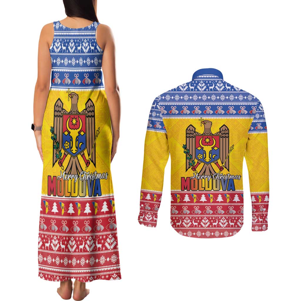 Moldova Christmas Couples Matching Tank Maxi Dress and Long Sleeve Button Shirt Coat Of Arms Craciun fericit - Wonder Print Shop