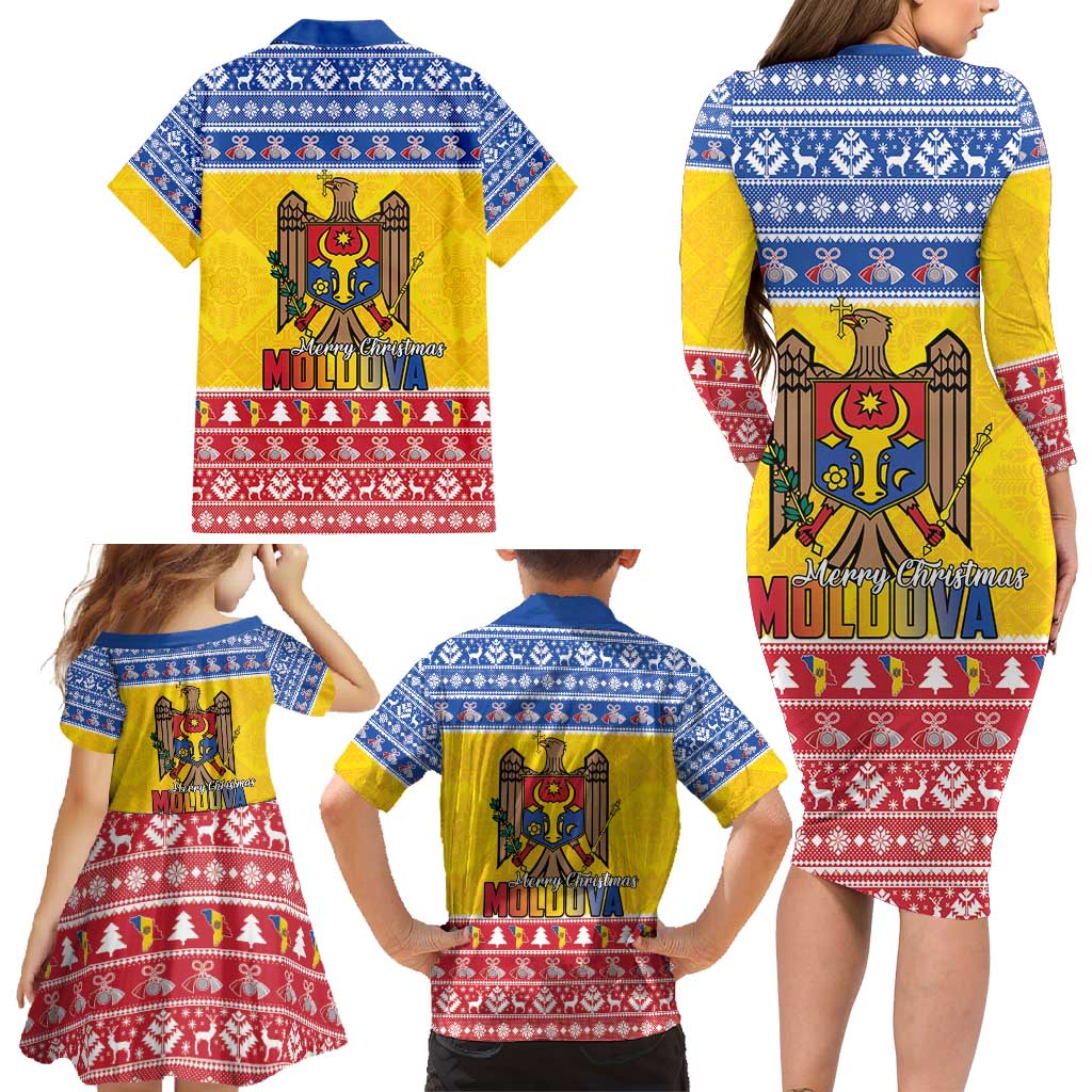 Moldova Christmas Family Matching Long Sleeve Bodycon Dress and Hawaiian Shirt Coat Of Arms Craciun fericit - Wonder Print Shop