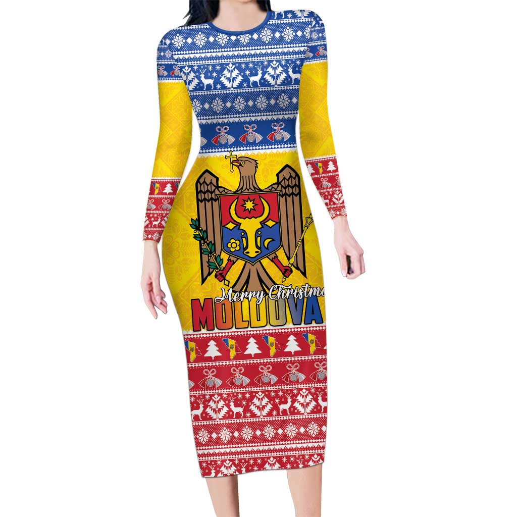 Moldova Christmas Family Matching Long Sleeve Bodycon Dress and Hawaiian Shirt Coat Of Arms Craciun fericit - Wonder Print Shop