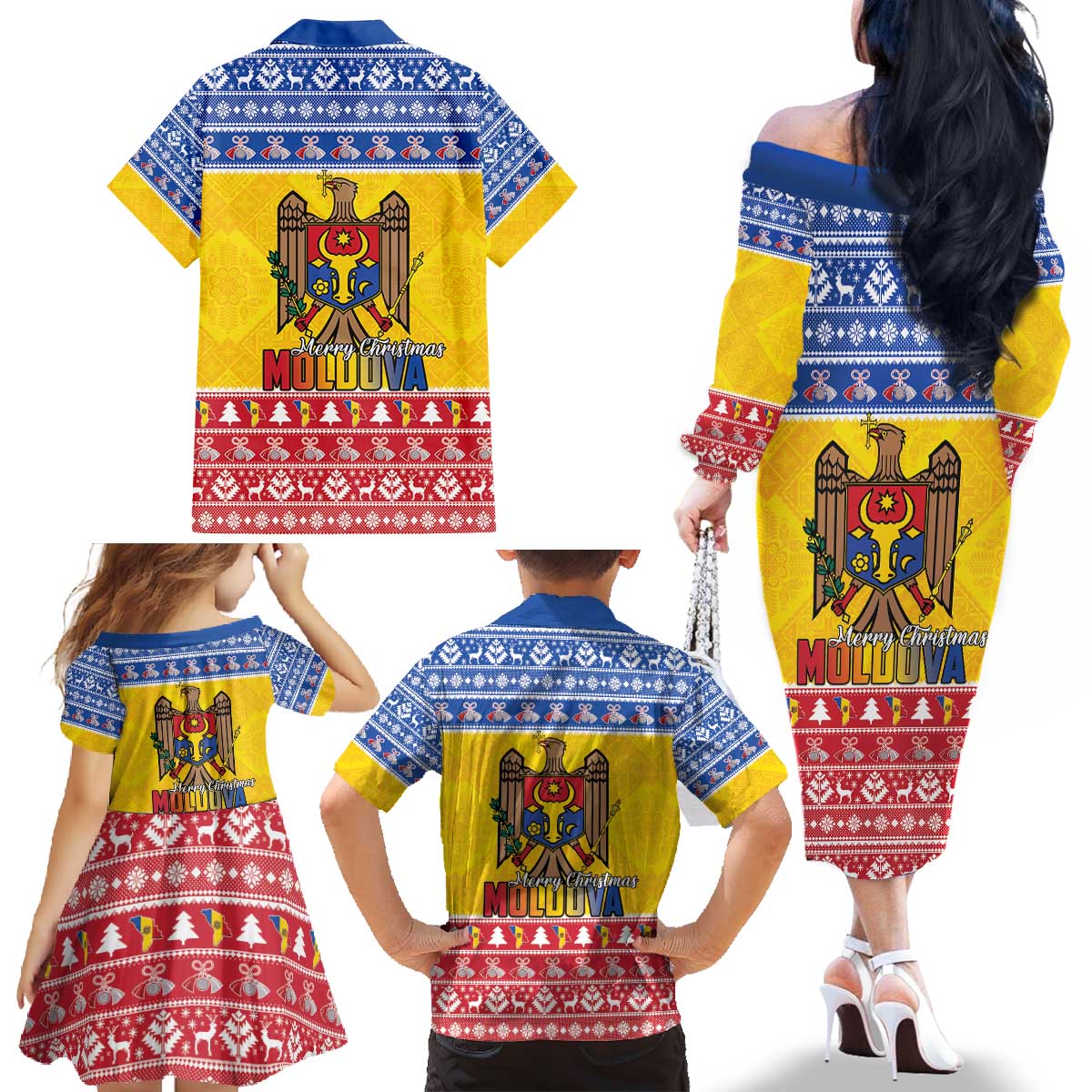 Moldova Christmas Family Matching Off The Shoulder Long Sleeve Dress and Hawaiian Shirt Coat Of Arms Craciun fericit - Wonder Print Shop