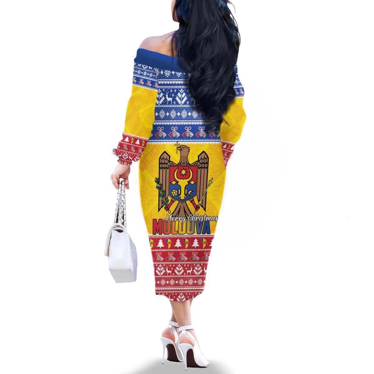 Moldova Christmas Family Matching Off The Shoulder Long Sleeve Dress and Hawaiian Shirt Coat Of Arms Craciun fericit - Wonder Print Shop