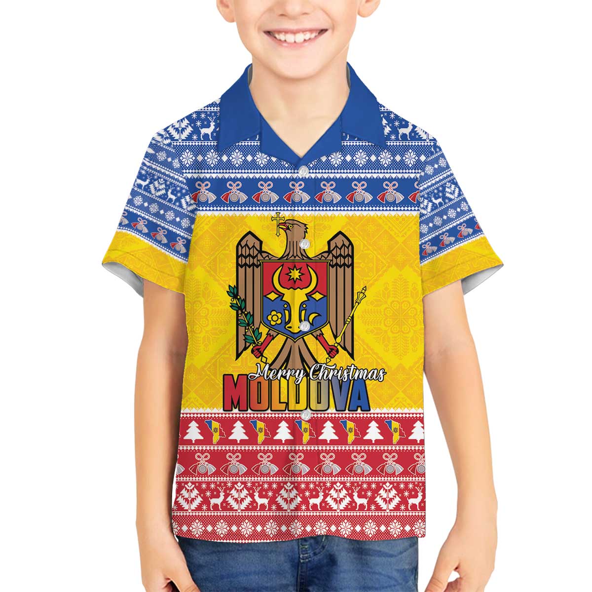 Moldova Christmas Family Matching Off The Shoulder Long Sleeve Dress and Hawaiian Shirt Coat Of Arms Craciun fericit - Wonder Print Shop