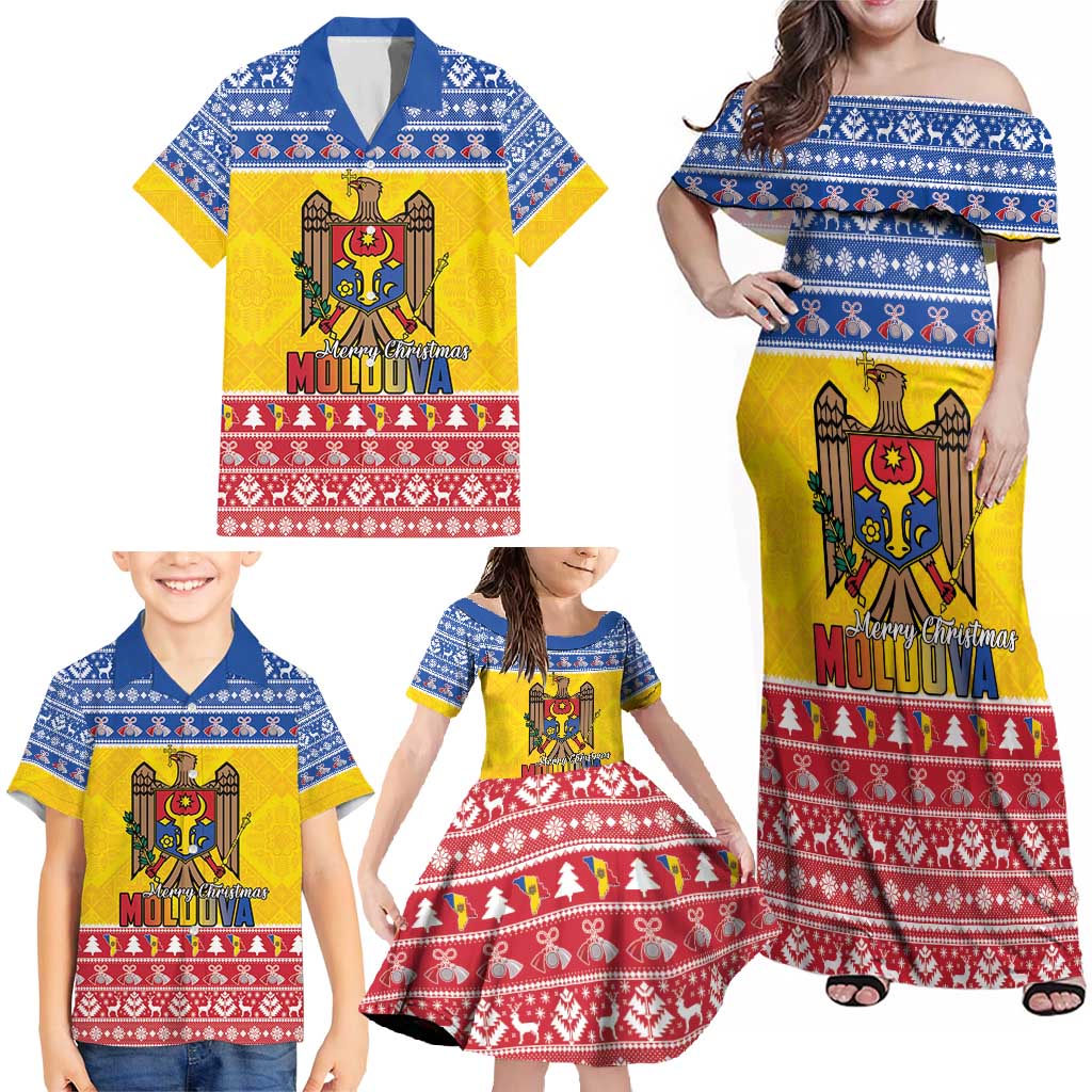 Moldova Christmas Family Matching Off Shoulder Maxi Dress and Hawaiian Shirt Coat Of Arms Craciun fericit - Wonder Print Shop