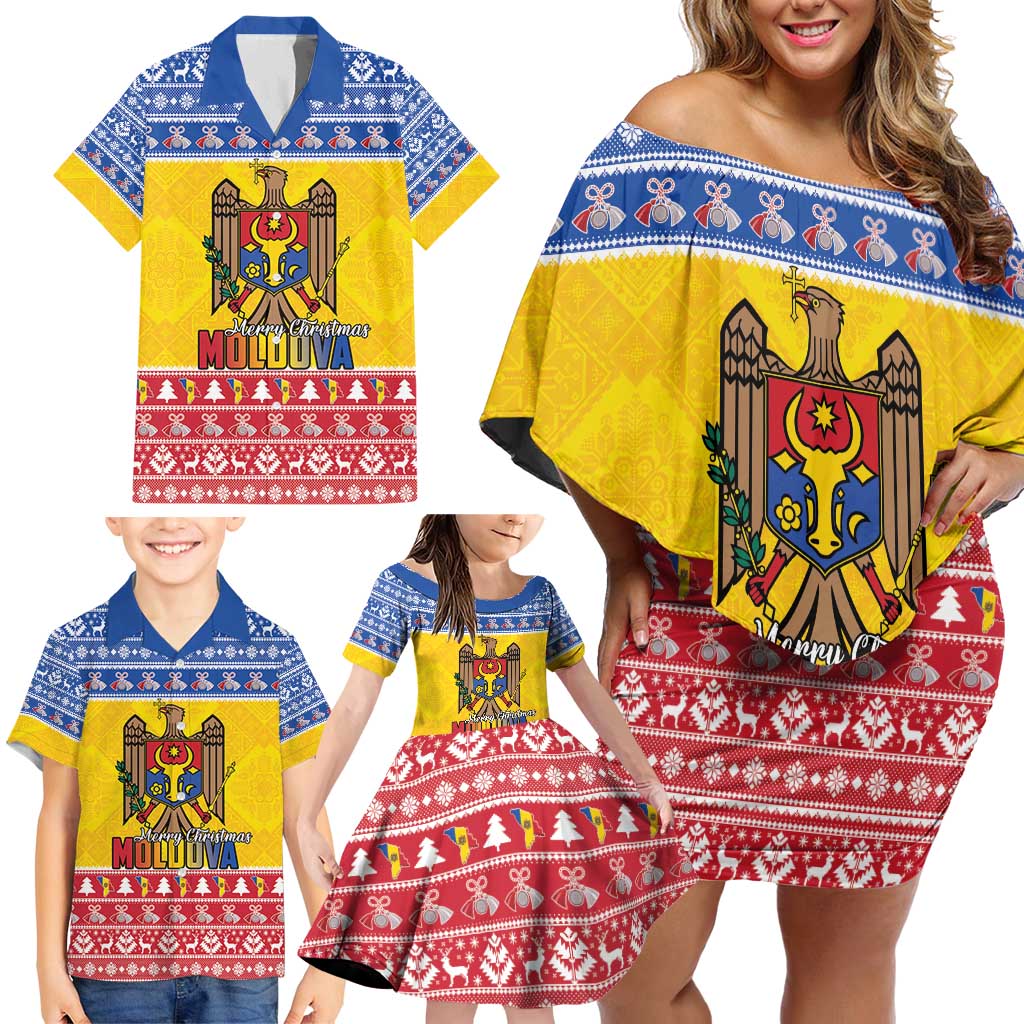 Moldova Christmas Family Matching Off Shoulder Short Dress and Hawaiian Shirt Coat Of Arms Craciun fericit - Wonder Print Shop