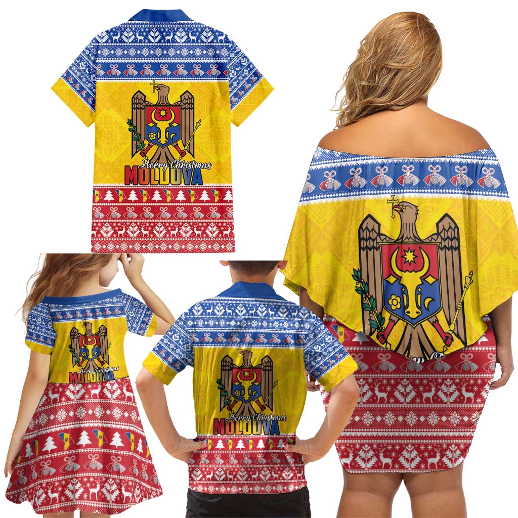 Moldova Christmas Family Matching Off Shoulder Short Dress and Hawaiian Shirt Coat Of Arms Craciun fericit - Wonder Print Shop