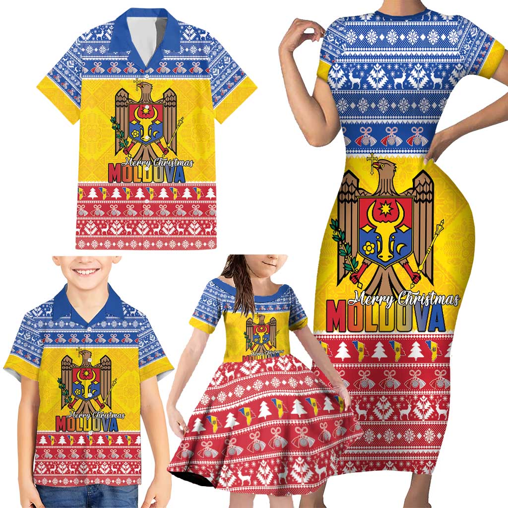 Moldova Christmas Family Matching Short Sleeve Bodycon Dress and Hawaiian Shirt Coat Of Arms Craciun fericit - Wonder Print Shop