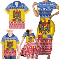Moldova Christmas Family Matching Short Sleeve Bodycon Dress and Hawaiian Shirt Coat Of Arms Craciun fericit - Wonder Print Shop