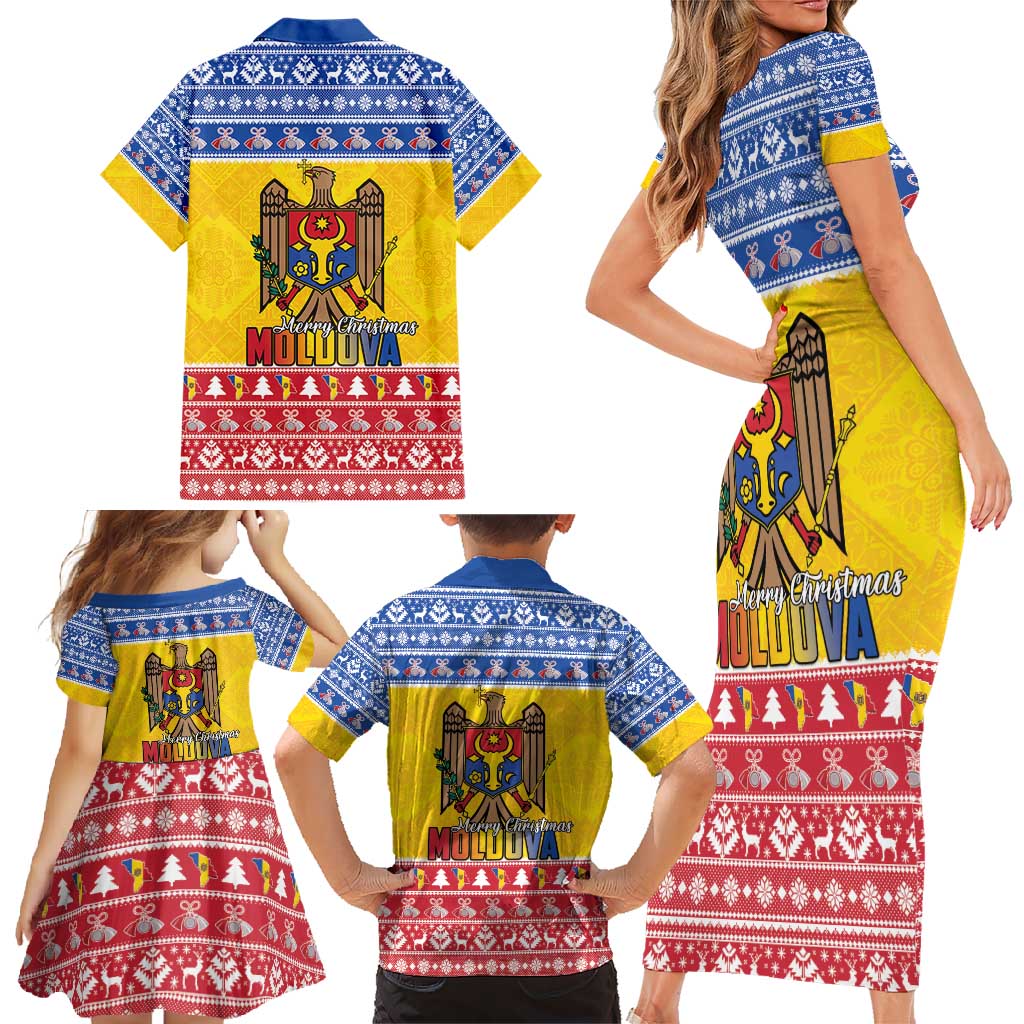 Moldova Christmas Family Matching Short Sleeve Bodycon Dress and Hawaiian Shirt Coat Of Arms Craciun fericit - Wonder Print Shop
