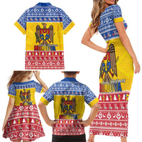 Moldova Christmas Family Matching Short Sleeve Bodycon Dress and Hawaiian Shirt Coat Of Arms Craciun fericit - Wonder Print Shop