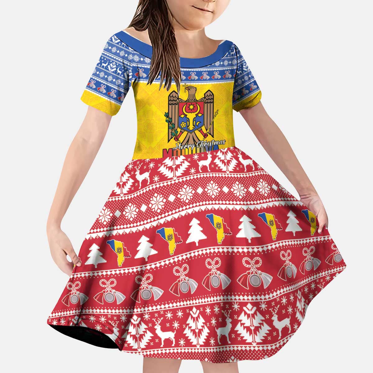 Moldova Christmas Kid Short Sleeve Dress Coat Of Arms Craciun fericit - Wonder Print Shop