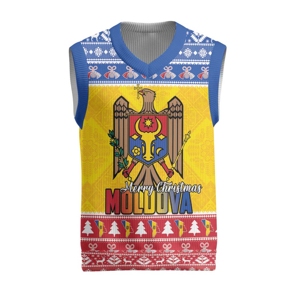 Moldova Christmas Knitted V-Neck Vest Coat Of Arms Craciun fericit - Wonder Print Shop