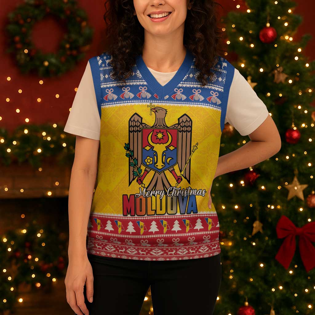 Moldova Christmas Knitted V-Neck Vest Coat Of Arms Craciun fericit - Wonder Print Shop