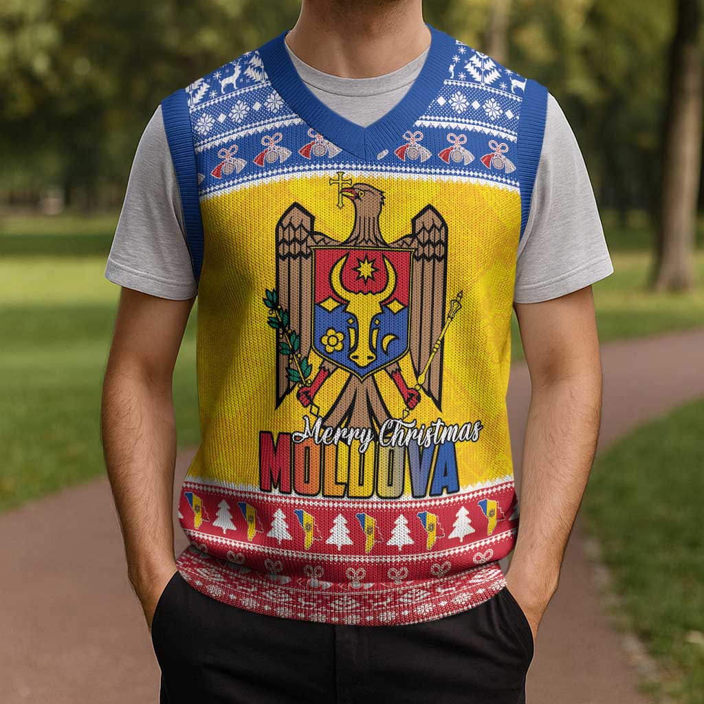 Moldova Christmas Knitted V-Neck Vest Coat Of Arms Craciun fericit - Wonder Print Shop