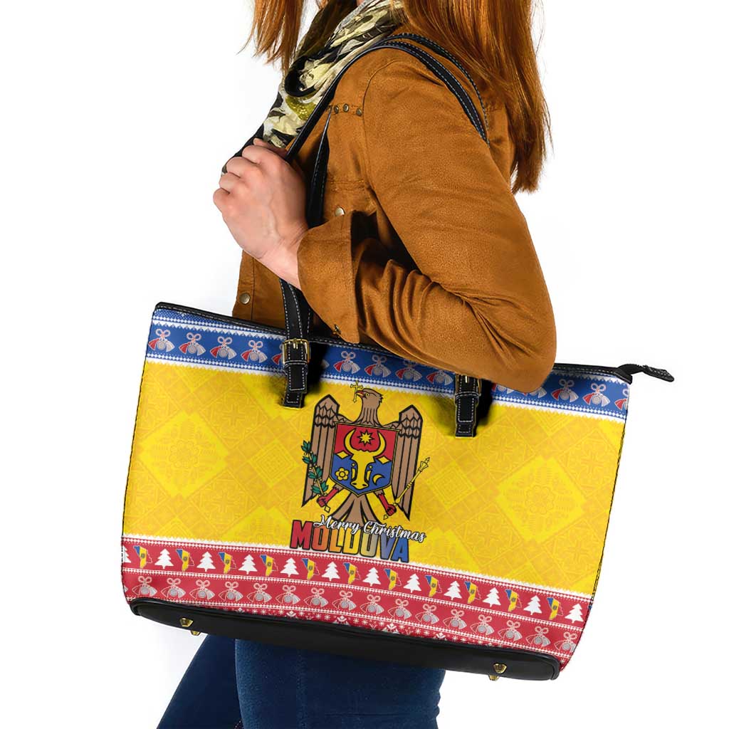 Moldova Christmas Leather Tote Bag Coat Of Arms Craciun fericit - Wonder Print Shop