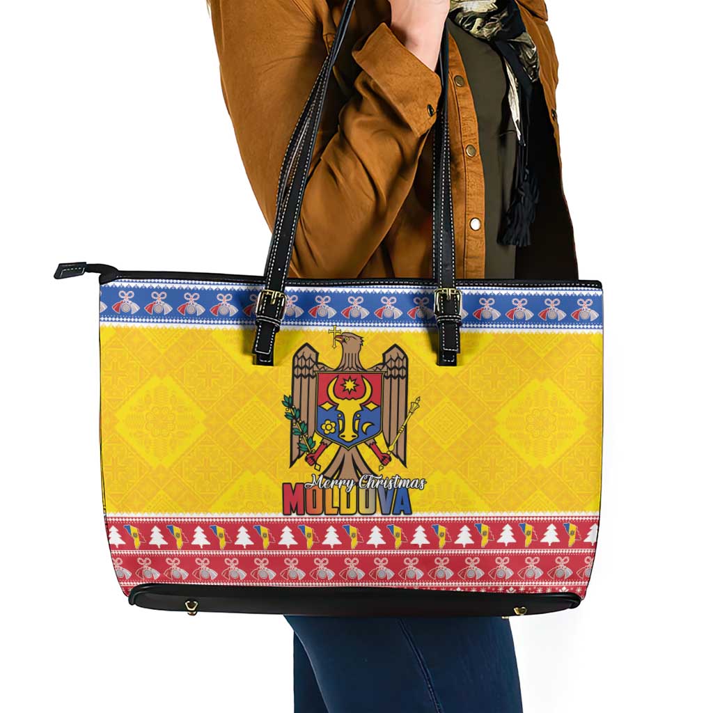 Moldova Christmas Leather Tote Bag Coat Of Arms Craciun fericit - Wonder Print Shop