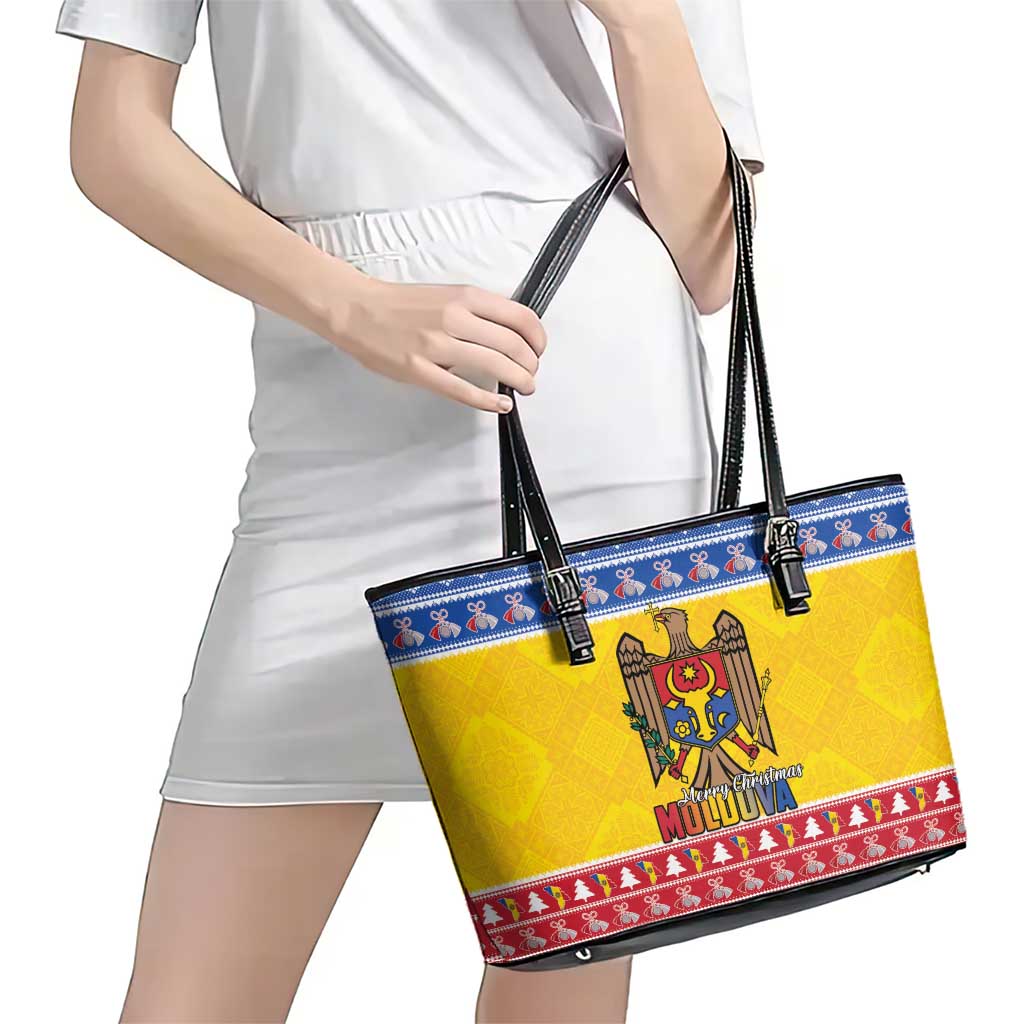 Moldova Christmas Leather Tote Bag Coat Of Arms Craciun fericit - Wonder Print Shop