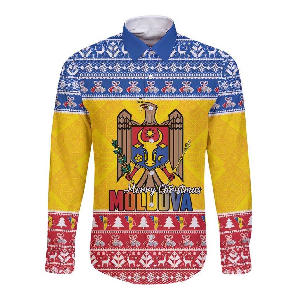 Moldova Christmas Long Sleeve Button Shirt Coat Of Arms Craciun fericit - Wonder Print Shop