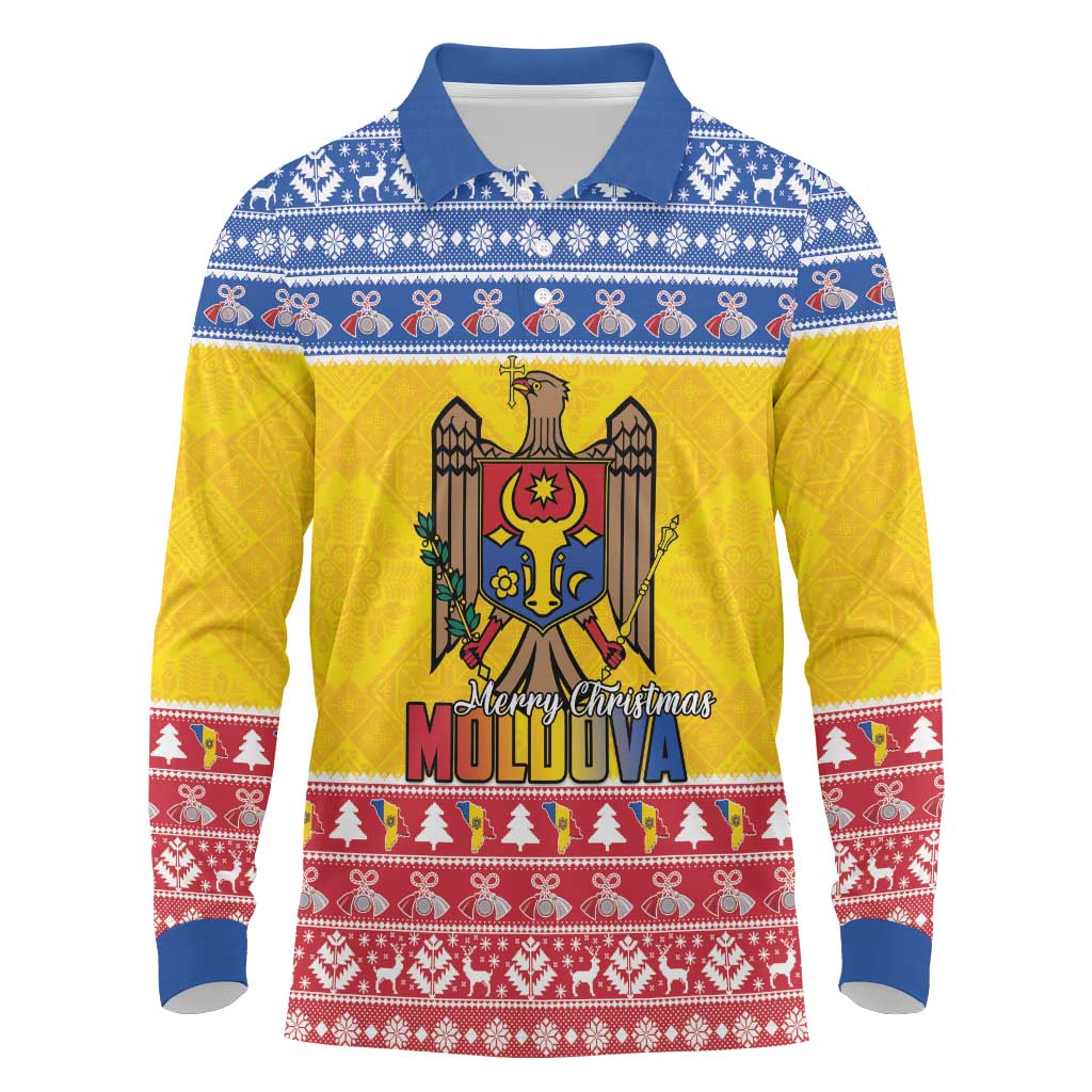Moldova Christmas Long Sleeve Polo Shirt Coat Of Arms Craciun fericit - Wonder Print Shop