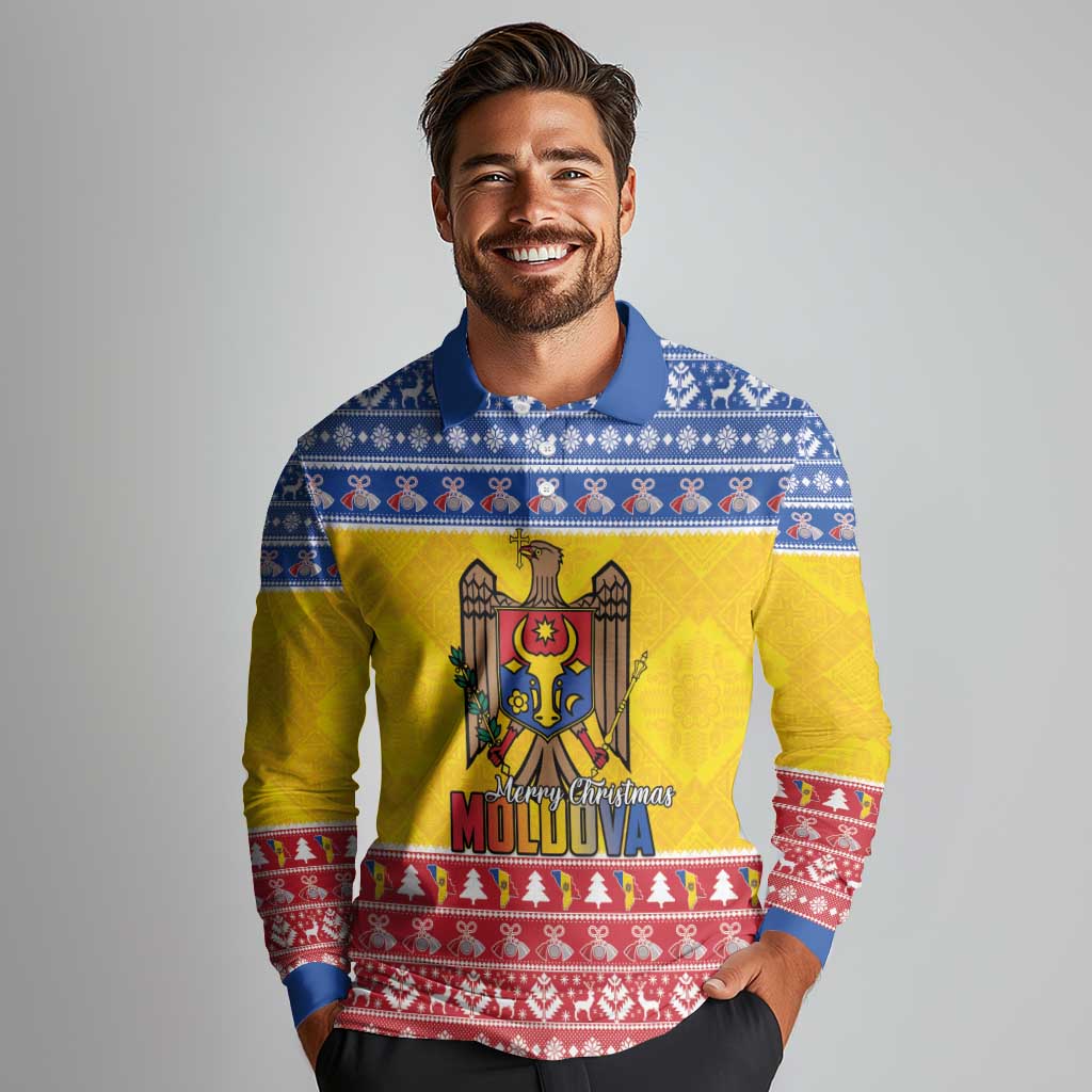 Moldova Christmas Long Sleeve Polo Shirt Coat Of Arms Craciun fericit - Wonder Print Shop