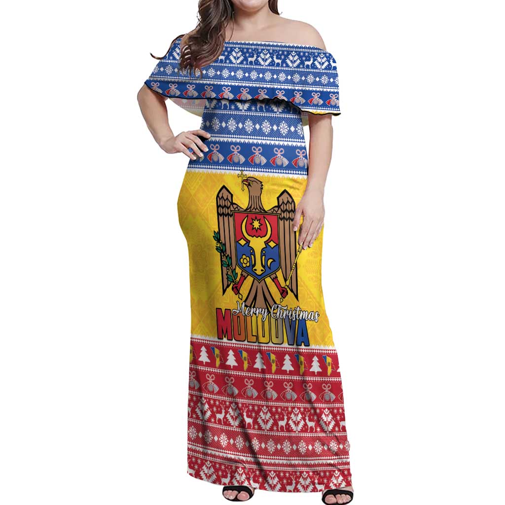 Moldova Christmas Off Shoulder Maxi Dress Coat Of Arms Craciun fericit - Wonder Print Shop