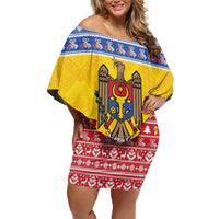 Moldova Christmas Off Shoulder Short Dress Coat Of Arms Craciun fericit - Wonder Print Shop
