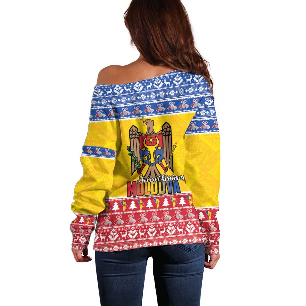 Moldova Christmas Off Shoulder Sweater Coat Of Arms Craciun fericit - Wonder Print Shop