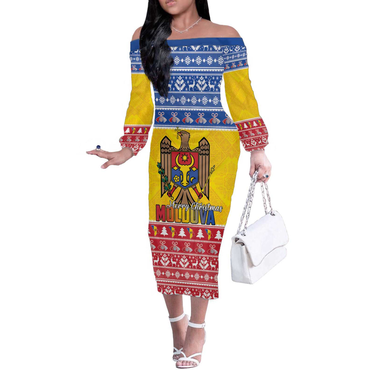 Moldova Christmas Off The Shoulder Long Sleeve Dress Coat Of Arms Craciun fericit - Wonder Print Shop