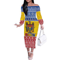 Moldova Christmas Off The Shoulder Long Sleeve Dress Coat Of Arms Craciun fericit - Wonder Print Shop