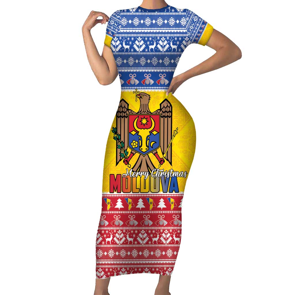 Moldova Christmas Short Sleeve Bodycon Dress Coat Of Arms Craciun fericit - Wonder Print Shop