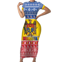 Moldova Christmas Short Sleeve Bodycon Dress Coat Of Arms Craciun fericit - Wonder Print Shop
