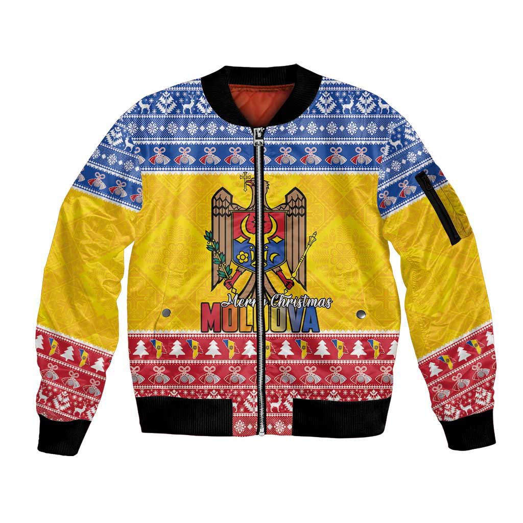 Moldova Christmas Sleeve Zip Bomber Jacket Coat Of Arms Craciun fericit - Wonder Print Shop