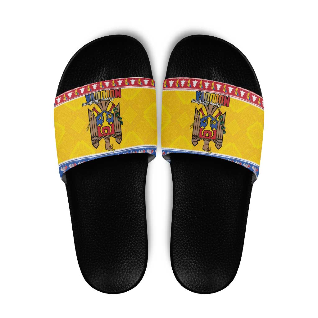 Moldova Christmas Slide Sandals Coat Of Arms Craciun fericit - Wonder Print Shop