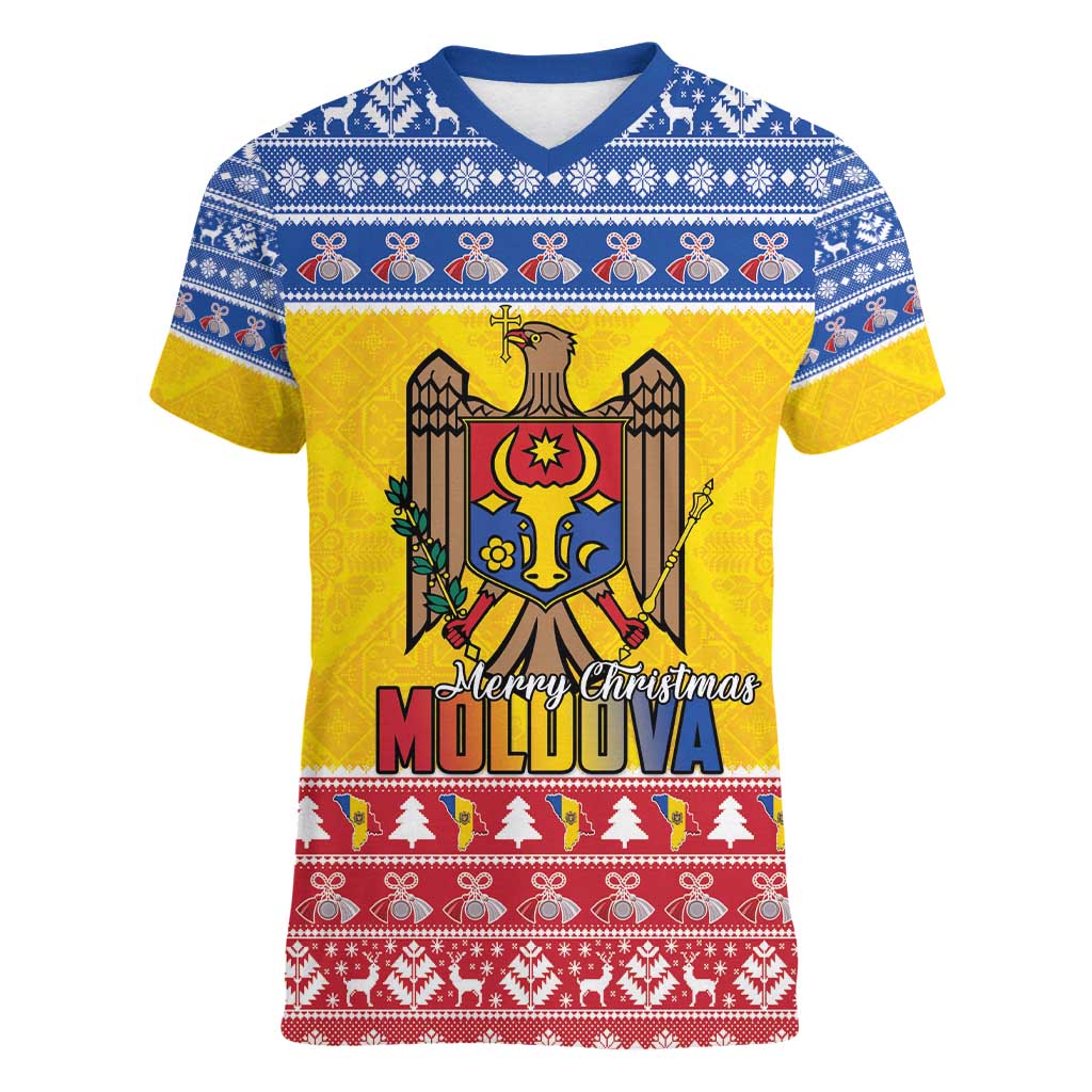Moldova Christmas Women V-Neck T-Shirt Coat Of Arms Craciun fericit - Wonder Print Shop