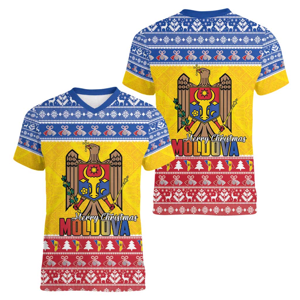 Moldova Christmas Women V-Neck T-Shirt Coat Of Arms Craciun fericit - Wonder Print Shop