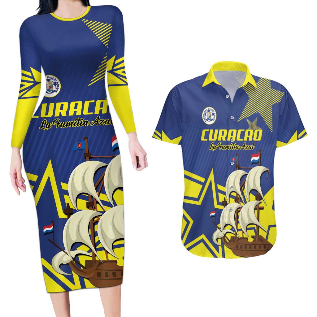 Curacao Football Pride Custom Couples Matching Long Sleeve Bodycon Dress and Hawaiian Shirt La Familia Azul Go Champions - Wonder Print Shop