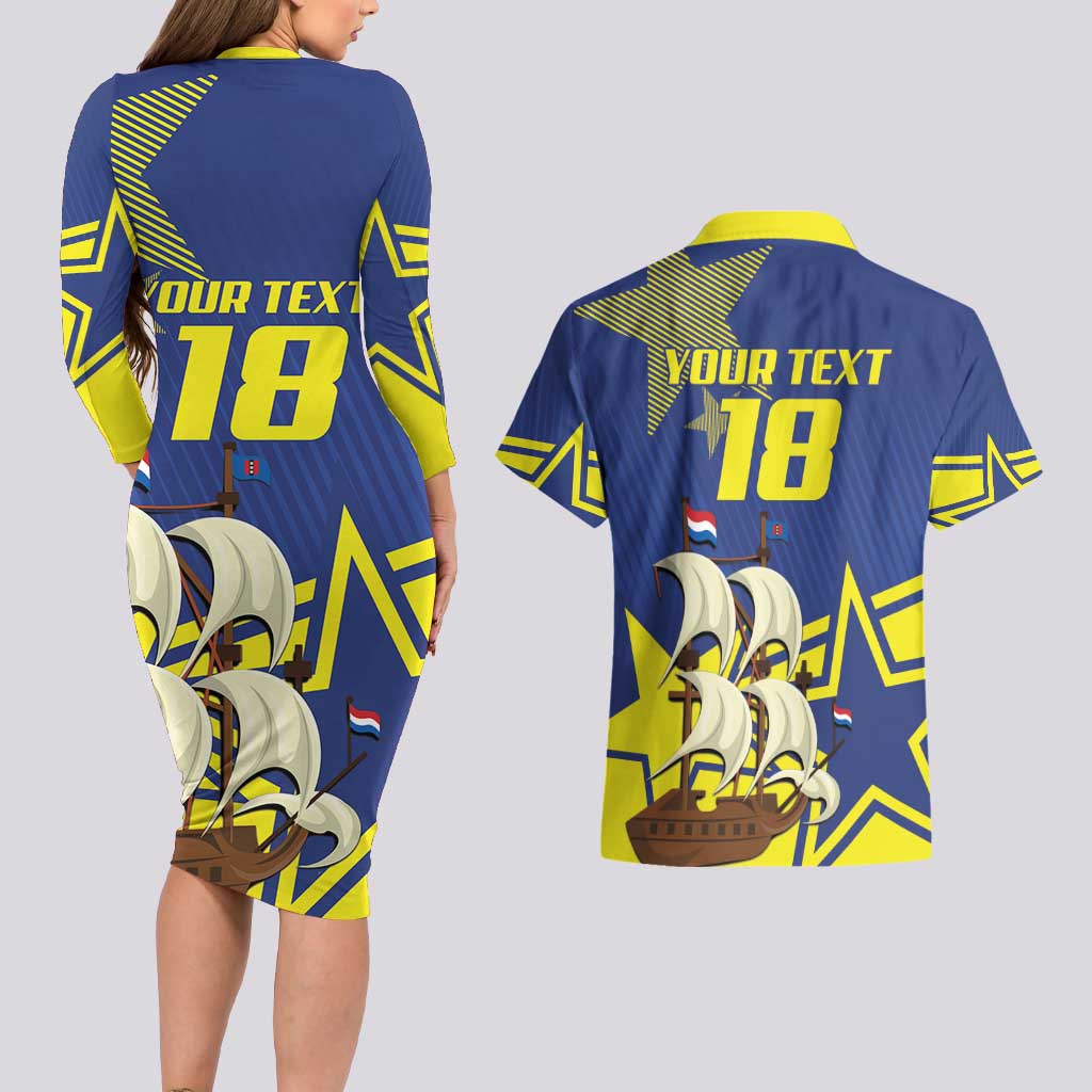 Curacao Football Pride Custom Couples Matching Long Sleeve Bodycon Dress and Hawaiian Shirt La Familia Azul Go Champions - Wonder Print Shop