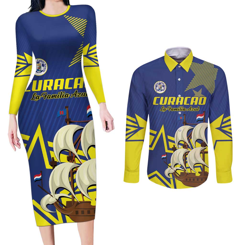 Curacao Football Pride Custom Couples Matching Long Sleeve Bodycon Dress and Long Sleeve Button Shirt La Familia Azul Go Champions - Wonder Print Shop