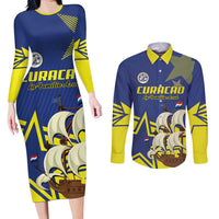 Curacao Football Pride Custom Couples Matching Long Sleeve Bodycon Dress and Long Sleeve Button Shirt La Familia Azul Go Champions - Wonder Print Shop