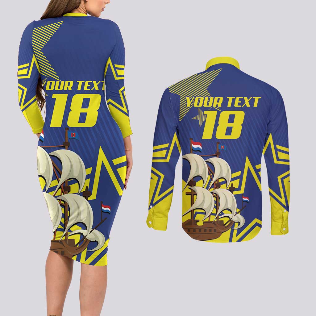 Curacao Football Pride Custom Couples Matching Long Sleeve Bodycon Dress and Long Sleeve Button Shirt La Familia Azul Go Champions - Wonder Print Shop