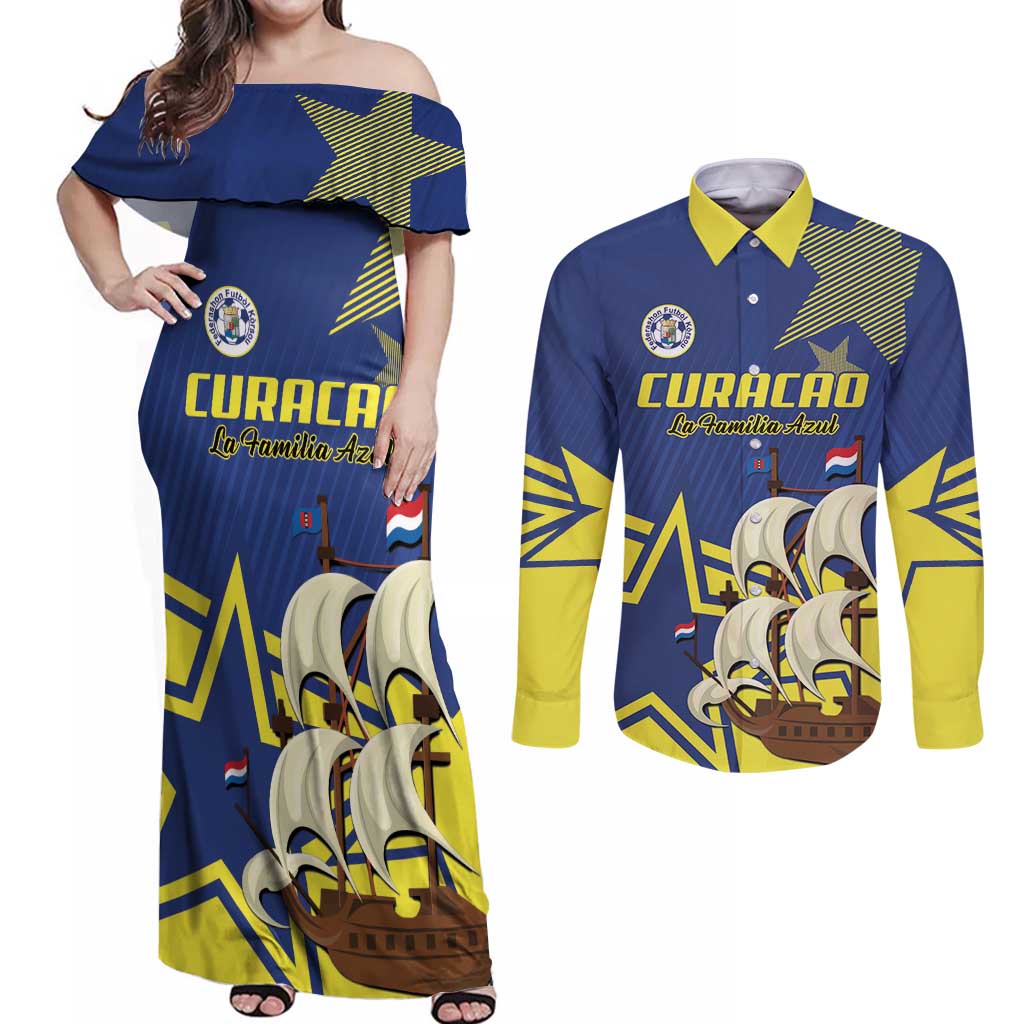 Curacao Football Pride Custom Couples Matching Off Shoulder Maxi Dress and Long Sleeve Button Shirt La Familia Azul Go Champions - Wonder Print Shop