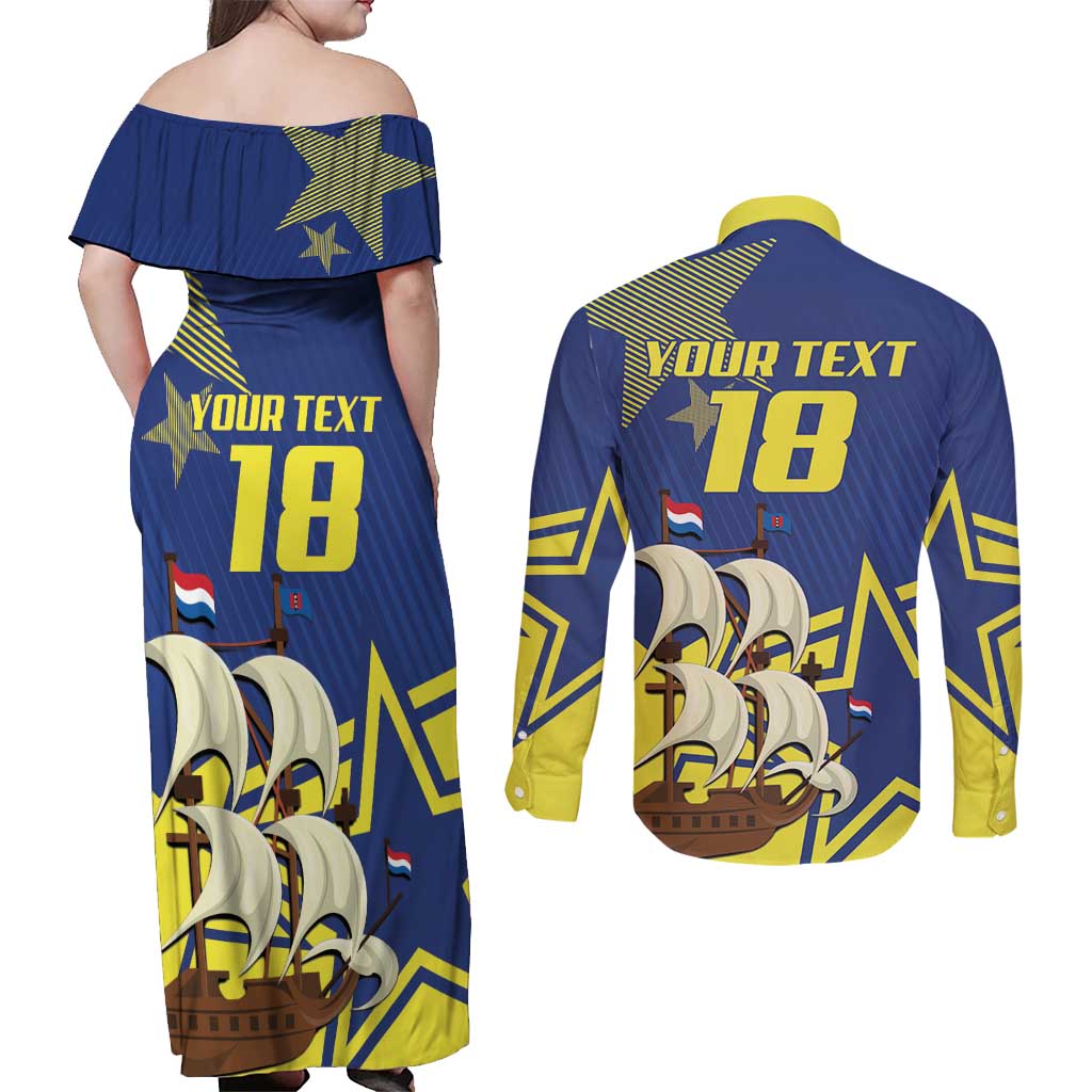 Curacao Football Pride Custom Couples Matching Off Shoulder Maxi Dress and Long Sleeve Button Shirt La Familia Azul Go Champions - Wonder Print Shop