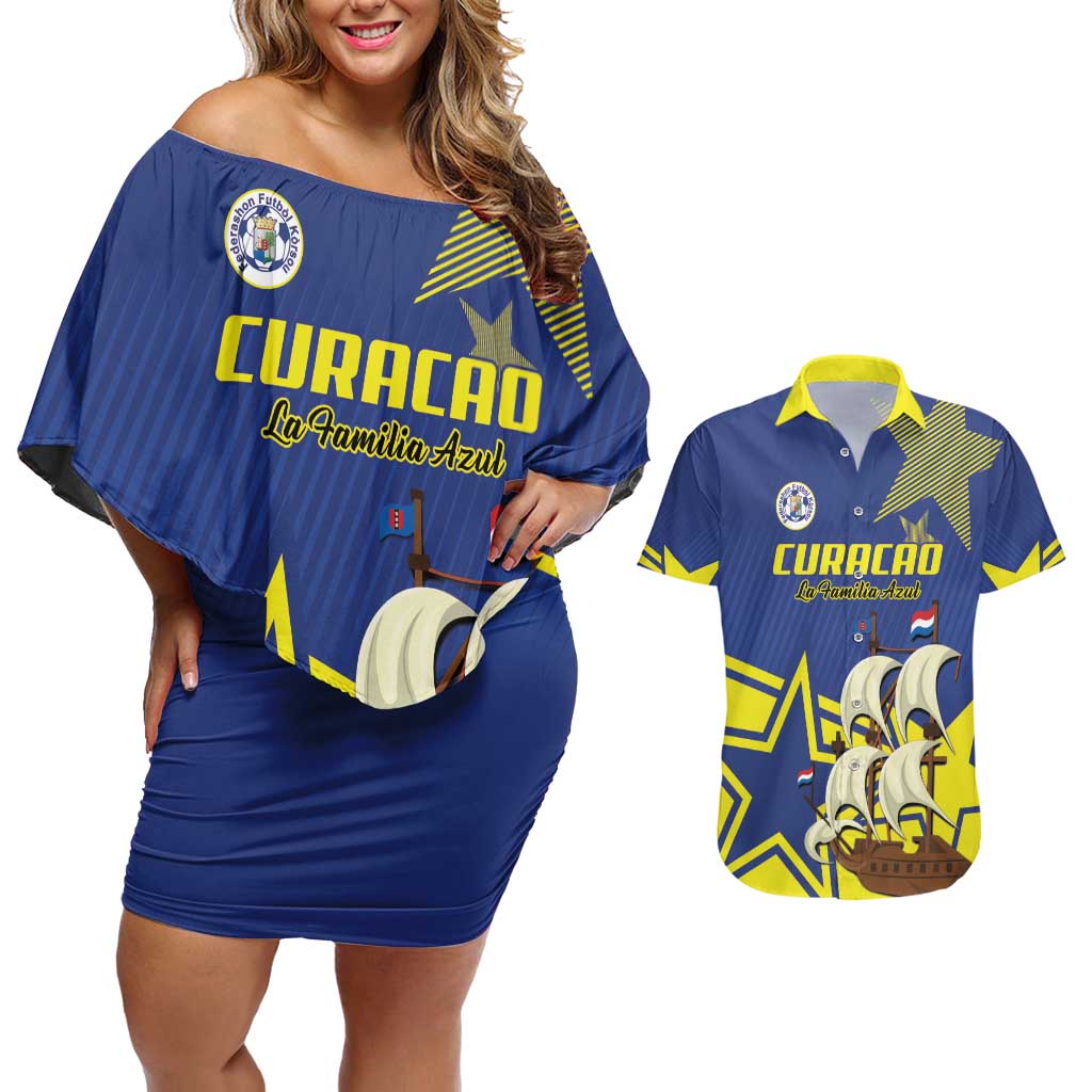 Curacao Football Pride Custom Couples Matching Off Shoulder Short Dress and Hawaiian Shirt La Familia Azul Go Champions - Wonder Print Shop
