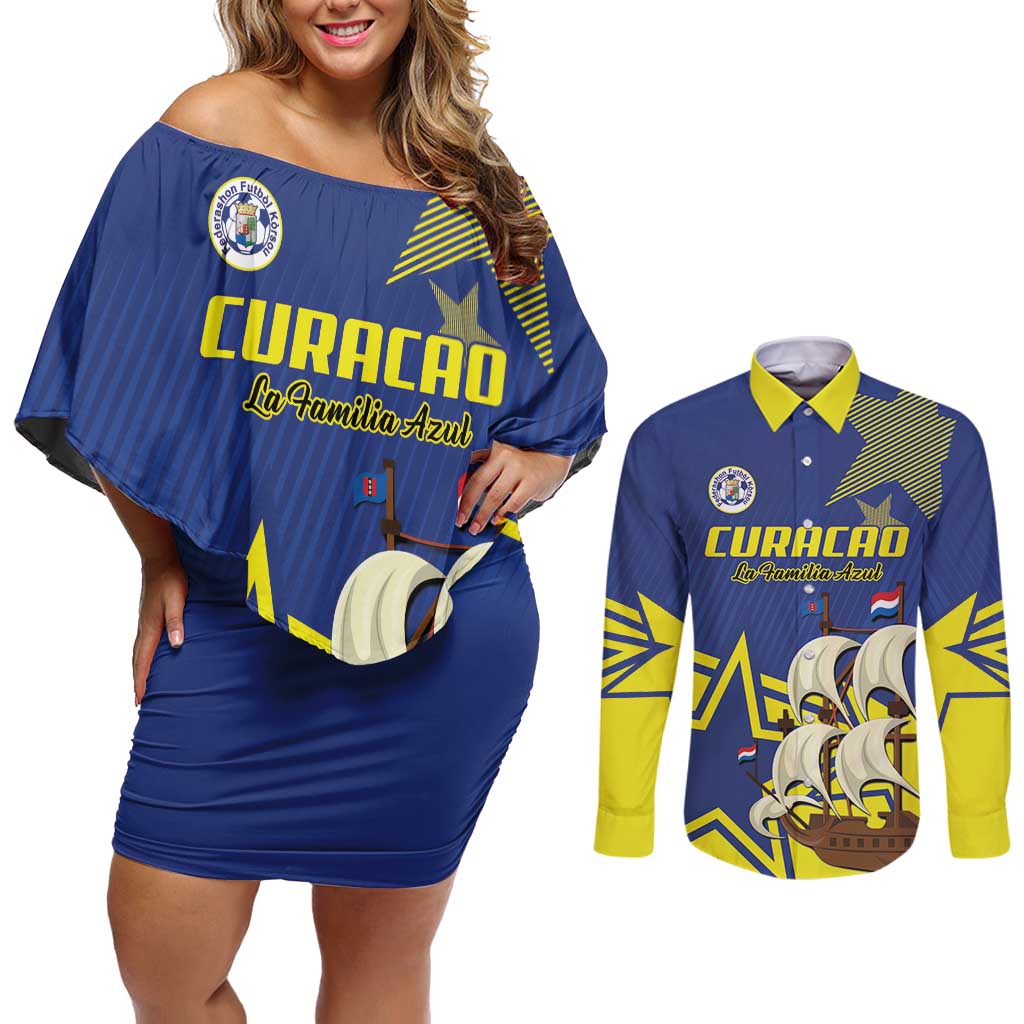 Curacao Football Pride Custom Couples Matching Off Shoulder Short Dress and Long Sleeve Button Shirt La Familia Azul Go Champions - Wonder Print Shop