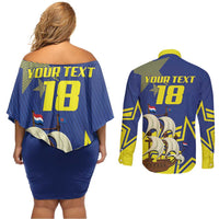 Curacao Football Pride Custom Couples Matching Off Shoulder Short Dress and Long Sleeve Button Shirt La Familia Azul Go Champions - Wonder Print Shop
