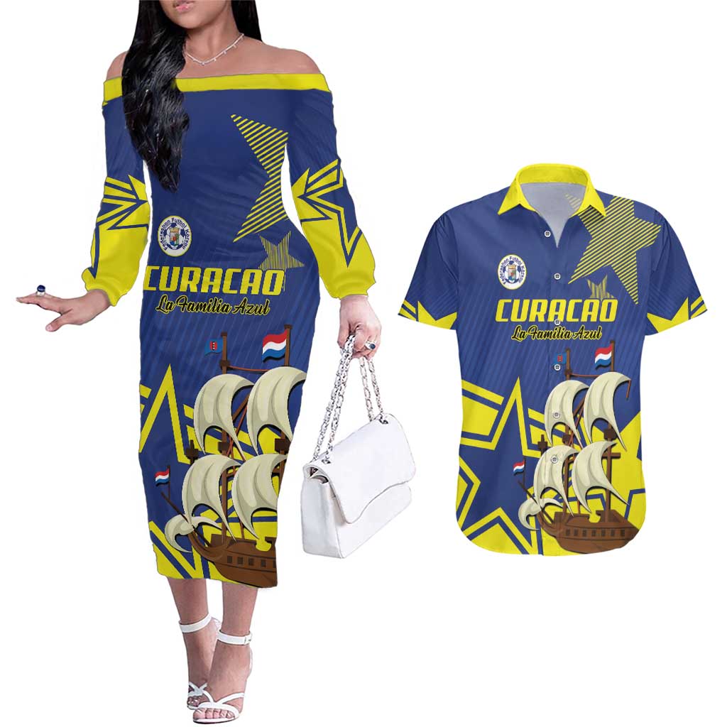 Curacao Football Pride Custom Couples Matching Off The Shoulder Long Sleeve Dress and Hawaiian Shirt La Familia Azul Go Champions - Wonder Print Shop