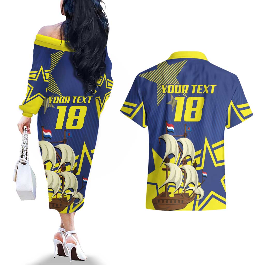 Curacao Football Pride Custom Couples Matching Off The Shoulder Long Sleeve Dress and Hawaiian Shirt La Familia Azul Go Champions - Wonder Print Shop