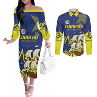 Curacao Football Pride Custom Couples Matching Off The Shoulder Long Sleeve Dress and Long Sleeve Button Shirt La Familia Azul Go Champions - Wonder Print Shop