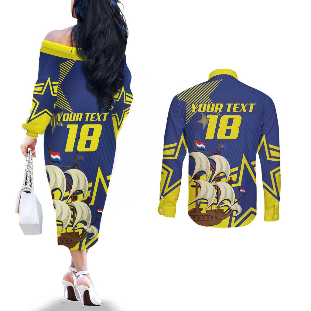 Curacao Football Pride Custom Couples Matching Off The Shoulder Long Sleeve Dress and Long Sleeve Button Shirt La Familia Azul Go Champions - Wonder Print Shop