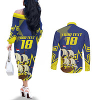 Curacao Football Pride Custom Couples Matching Off The Shoulder Long Sleeve Dress and Long Sleeve Button Shirt La Familia Azul Go Champions - Wonder Print Shop